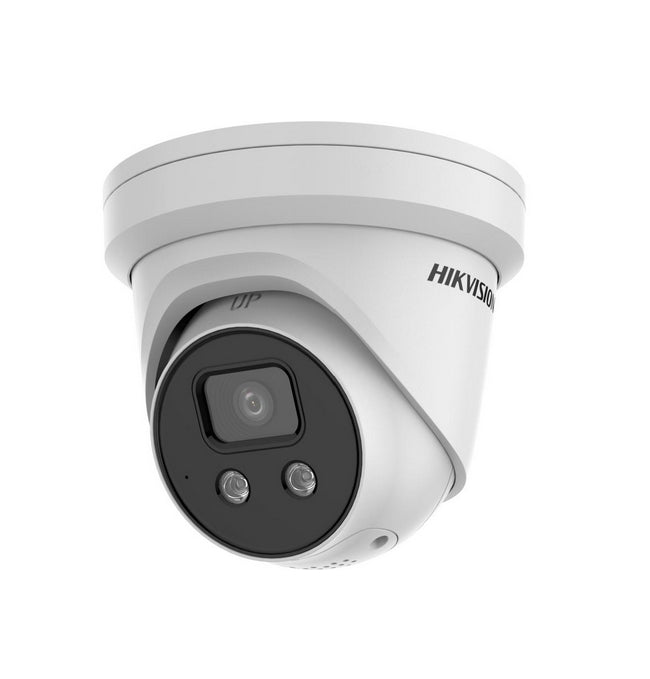 HikVision 4 MP AcuSense Strobe Light and Audible Warning Fixed Turret Network Camera, 2.8 mm, F1.4, IR до 30m, H.265+, IP67, вграден микрофон, вграден високоговорител, вграден слот за карта с памет (до 512 GB), 12Vdc/PoE 8.8W