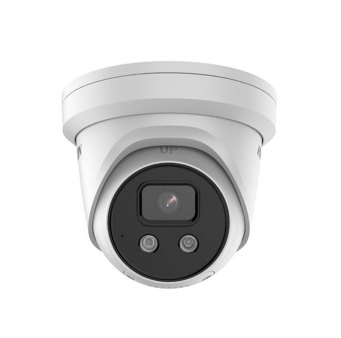 HikVision 4 MP AcuSense Strobe Light and Audible Warning Fixed Turret Network Camera, 2.8 mm, F1.4, IR до 30m, H.265+, IP67, вграден микрофон, вграден високоговорител, вграден слот за карта с памет (до 512 GB), 12Vdc/PoE 8.8W