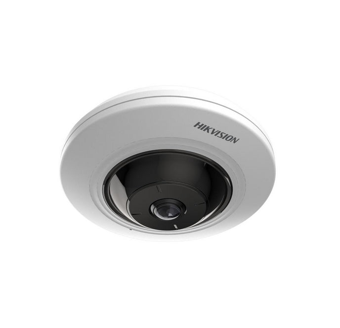 HikVision 5MP фиксирана мрежова камера с рибешко око, 1.05 mm, F2.25, 180° изглед рибешко око, IR до 8 m, H.265+, 120 dB WDR, вграден микрофон, вграден слот за карта с памет (до 256 GB), 12Vdc/PoE 7.5W