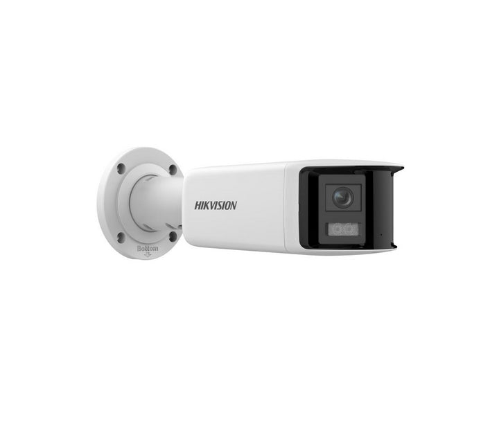 HikVision 4 MP панорамна AcuSense фиксирана мрежова камера, 2.8 mm, F1.6, IR до 40m, H.265+, IP67, 120 dB WDR, вграден микрофон, вграден високоговорител, вграден слот за карта с памет (до 512 GB), 12Vdc/PoE 12.5W