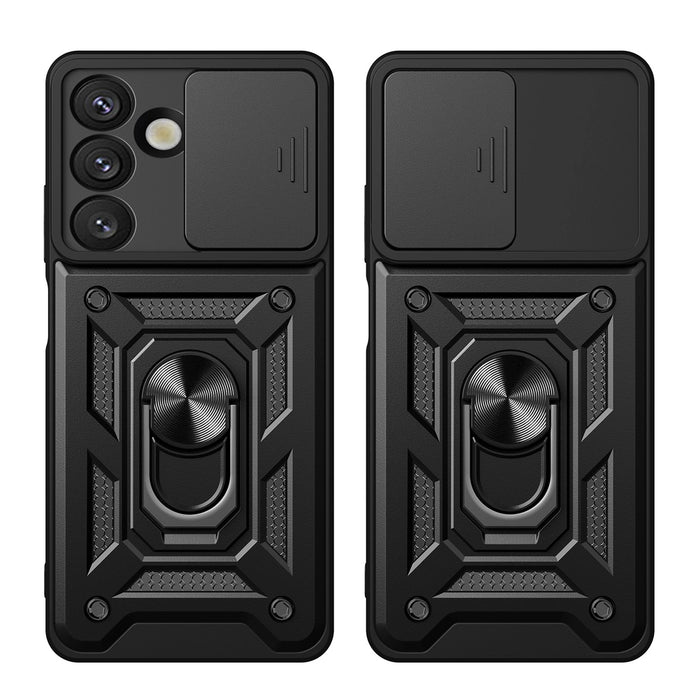 Hybrid Armor Camshield Case със стойка и капак за камера за Samsung Galaxy M16 5G / F16 5G - черен