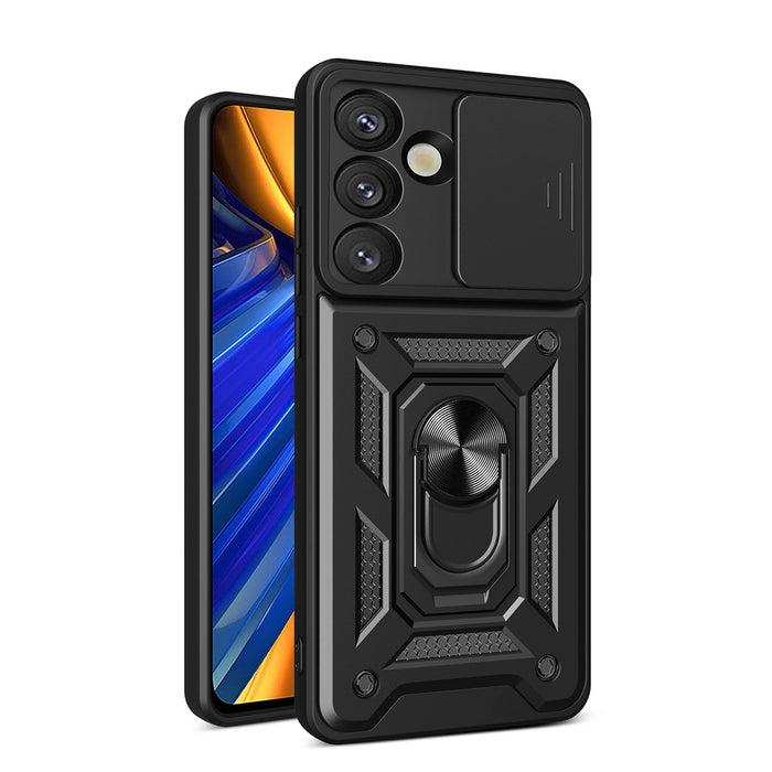 Hybrid Armor Camshield Case със стойка и капак за камера за Samsung Galaxy M06 5G / F06 5G - черен