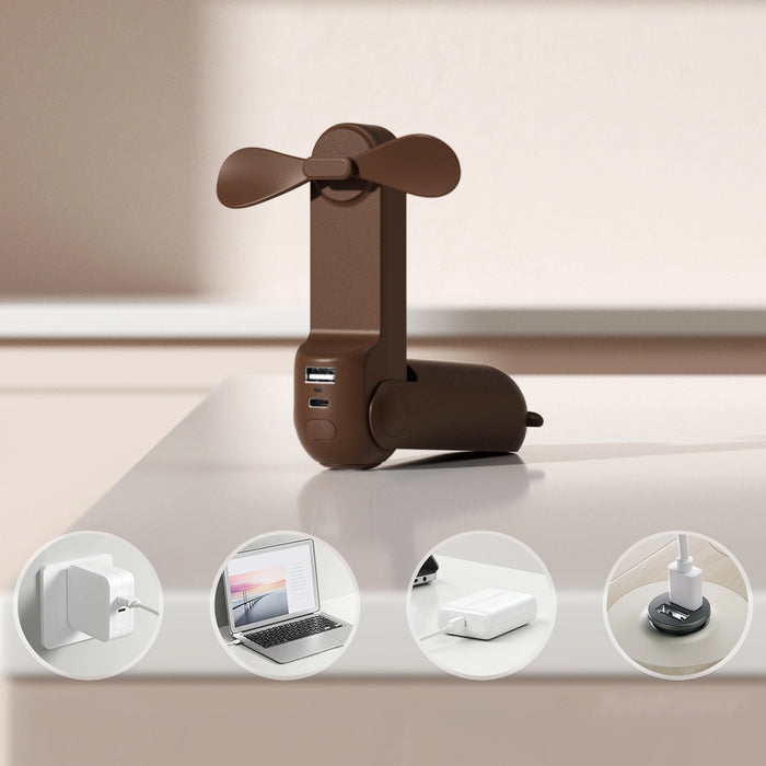 Ръчен вентилатор Jisulife Преносим USB вентилатор Life8 с Преносима батерия Powerbank и фенерче - кафяв