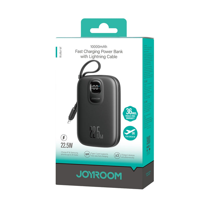 Joyroom JR-PBF18 22.5W 10000mAh Преносима батерия Powerbank с вграден Lightning кабел + USB-C кабел 0.25 см - черен