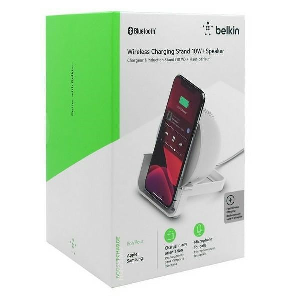 Индукционно зарядно Belkin 10W с високоговорител, бяло