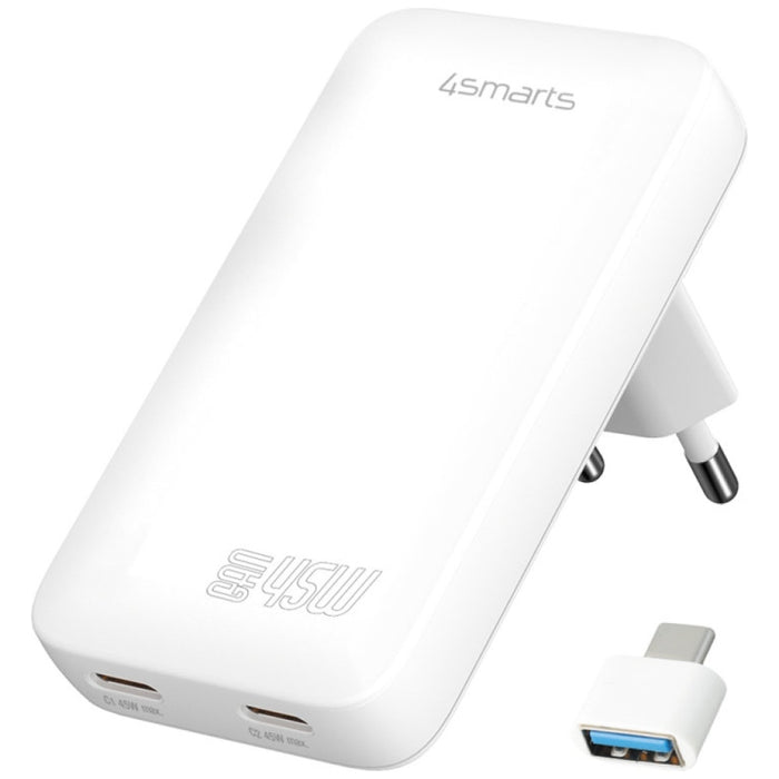 Зарядно 4smarts FlatPlug Slim Dual 45W GaN, бял