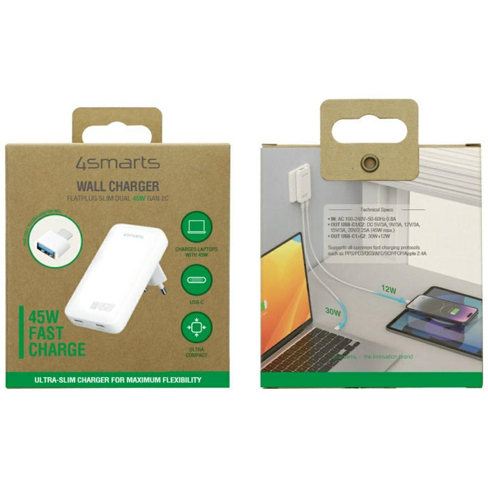 Зарядно 4smarts FlatPlug Slim Dual 45W GaN, бял