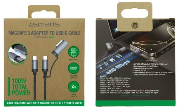 Кабел 4smarts Explorer ComboCord 2м с адаптер MagSafe, черен