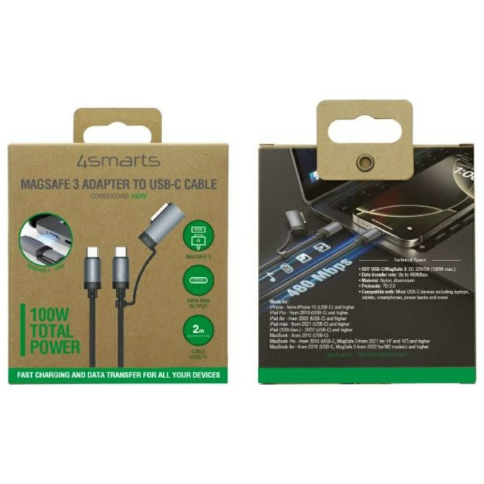 Кабел 4smarts Explorer ComboCord 2м с адаптер MagSafe, черен