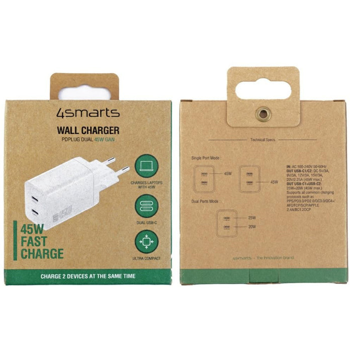 Зарядно 4smarts PDPlug Dual 45W GaN, бяло