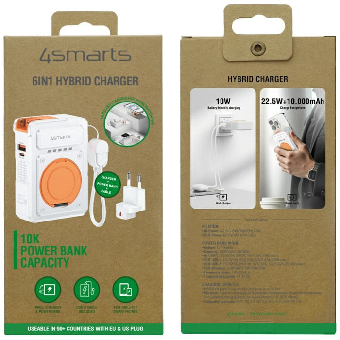 Хибридно зарядно 4smarts 6в1 PD 22.5W с powerbank 10 000 mAh, индукционно зареждане Qi и кабел, бяло