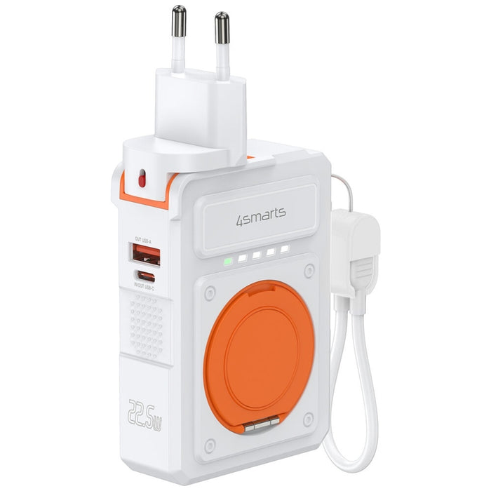 Хибридно зарядно 4smarts 6в1 PD 22.5W с powerbank 10 000 mAh, индукционно зареждане Qi и кабел, бяло