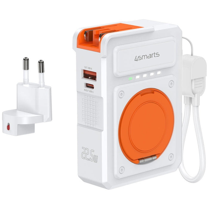 Хибридно зарядно 4smarts 6в1 PD 22.5W с powerbank 10 000 mAh, индукционно зареждане Qi и кабел, бяло