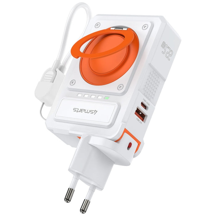 Хибридно зарядно 4smarts 6в1 PD 22.5W с powerbank 10 000 mAh, индукционно зареждане Qi и кабел, бяло