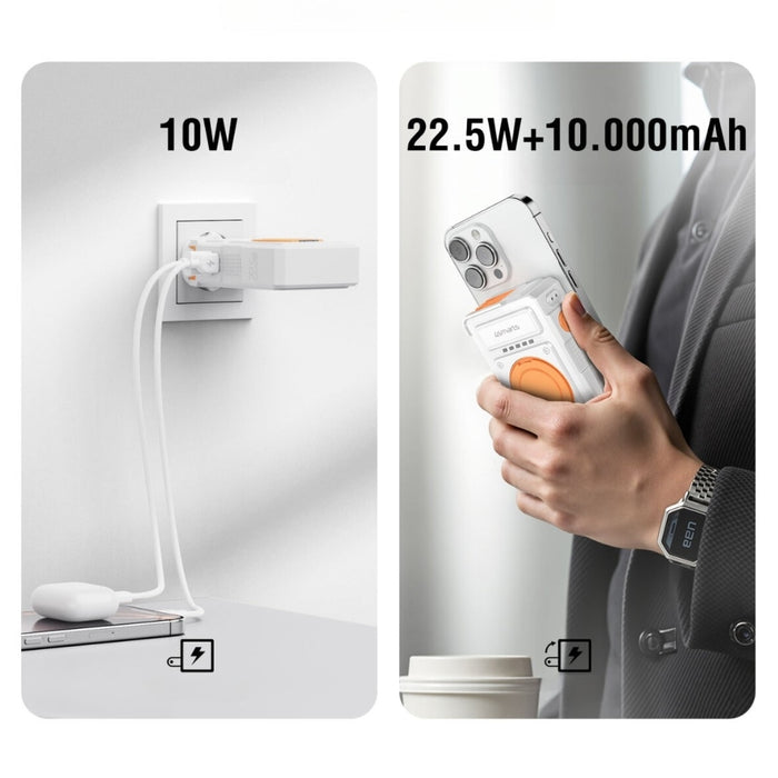 Хибридно зарядно 4smarts 6в1 PD 22.5W с powerbank 10 000 mAh, индукционно зареждане Qi и кабел, бяло