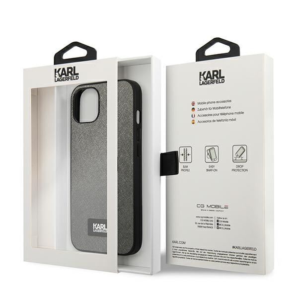 Твърд калъф Karl Lagerfeld KLHCP13MSFMP2DG Saffiano Plaque за iPhone 13/14/15 6,1", сребрист