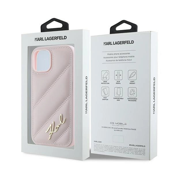 Калъф Karl Lagerfeld Diagonal Quilted Script за iPhone 15 Plus / 14 Plus - розов