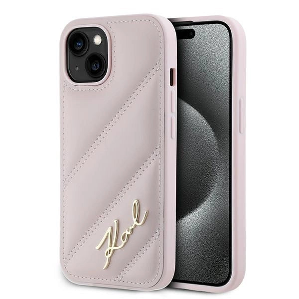 Калъф Karl Lagerfeld Diagonal Quilted Script за iPhone 15 Plus / 14 Plus - розов
