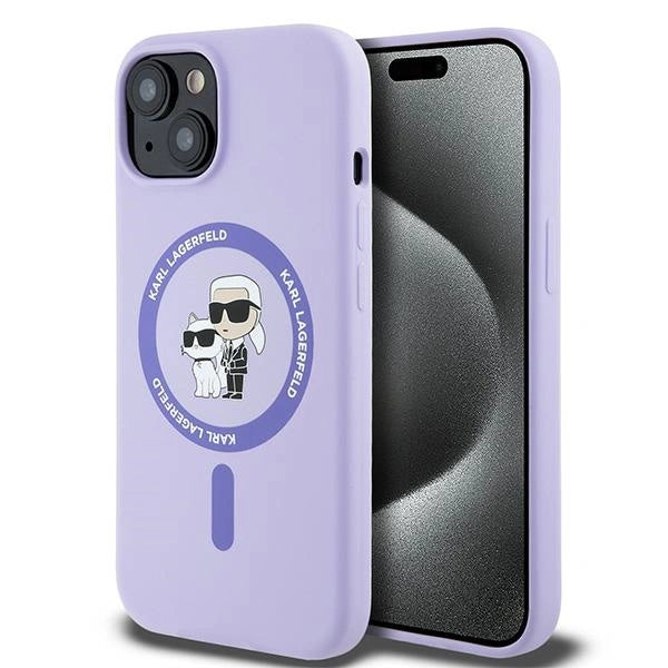 Karl Lagerfeld силиконов пръстен Karl&Choupette Heads Ring MagSafe калъф за iPhone 15 - лилав