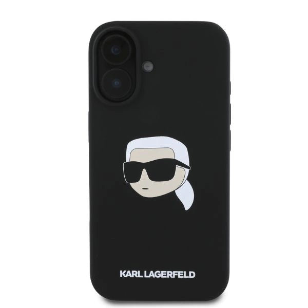 Силиконов калъф MagSafe за iPhone 16 Karl Lagerfeld с принт на главата Karl - черен