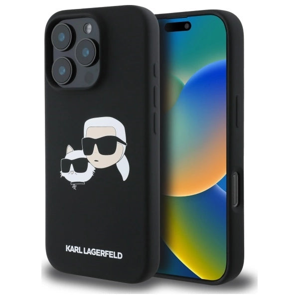 Силиконов кейс Karl Lagerfeld Heads Print MagSafe за iPhone 16 Pro Max - черен