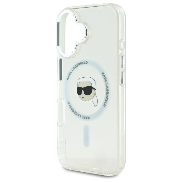 Калъф Karl Lagerfeld IML Metal Karl Head MagSafe за iPhone 16 Plus - бял