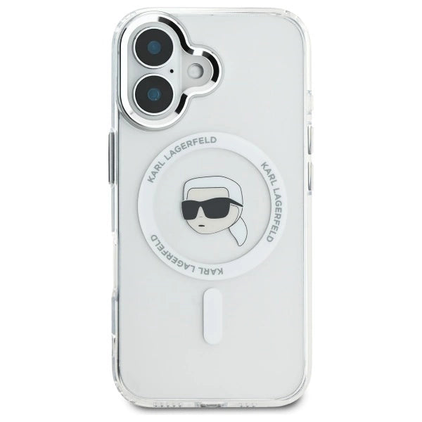 Калъф Karl Lagerfeld IML Metal Karl Head MagSafe за iPhone 16 Plus - бял