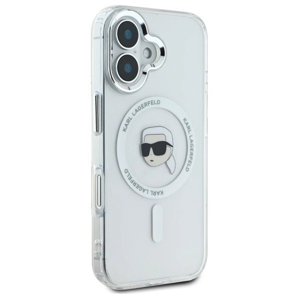 Калъф Karl Lagerfeld IML Metal Karl Head MagSafe за iPhone 16 Plus - бял