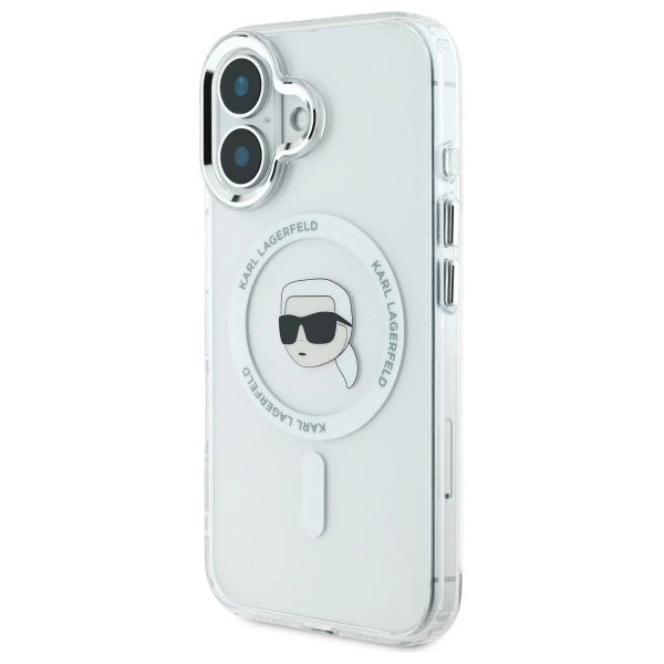 Калъф Karl Lagerfeld IML Metal Karl Head MagSafe за iPhone 16 Plus - бял