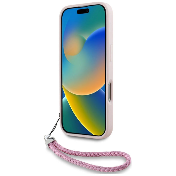 Калъф за iPhone 16 с капитонирано начално лого и верижка на Карл Лагерфелд - розов