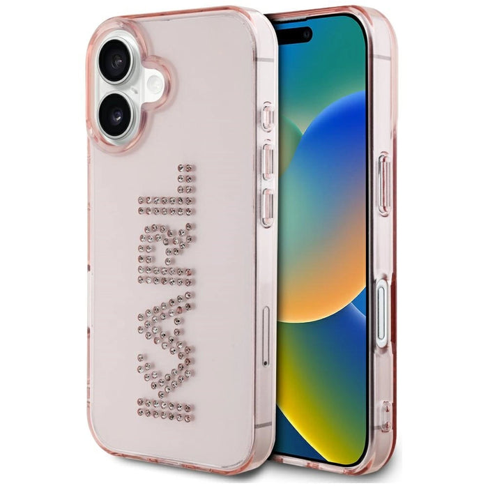 Калъф за iPhone 16 с лого на Karl Lagerfeld IML Rhinestones - розов
