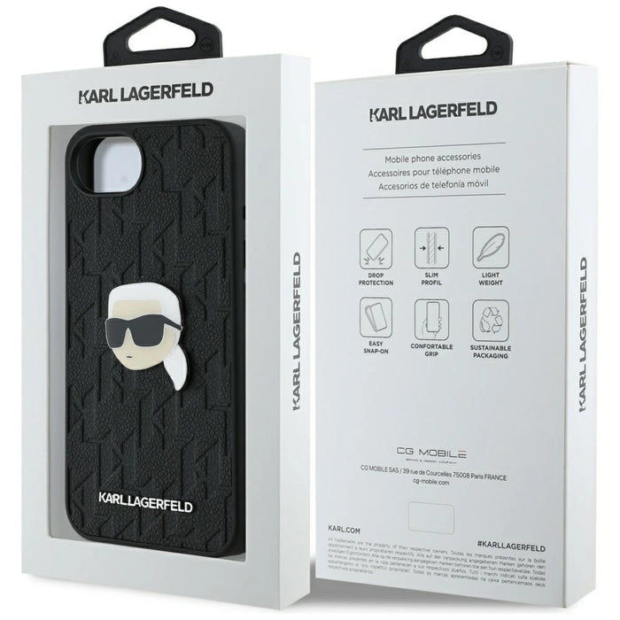 Калъф за iPhone 16e с монограм Karl Head Pin - черен