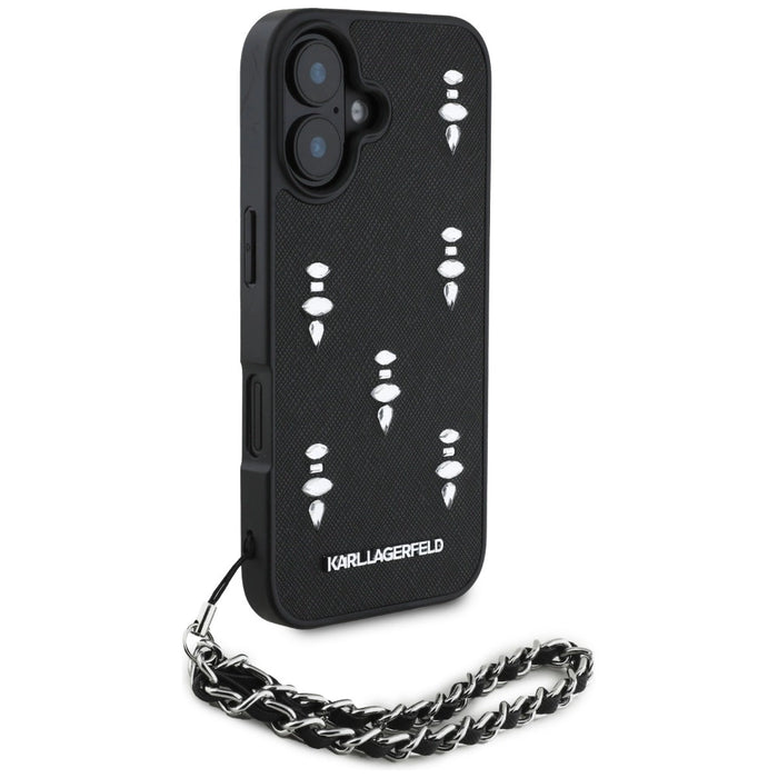 Калъф Karl Lagerfeld Saffiano Crystals с верига за iPhone 16 - черен