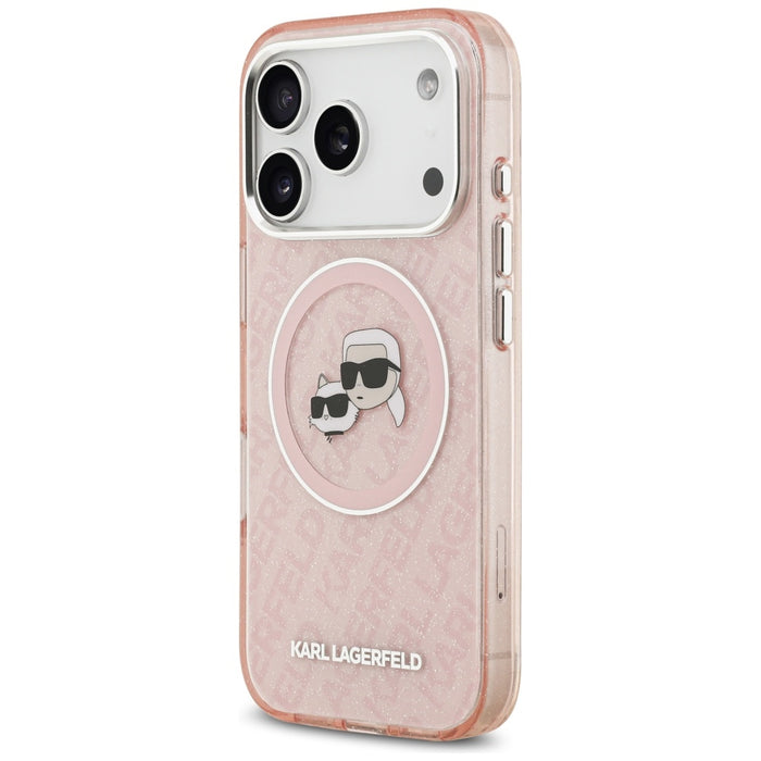 Karl Lagerfeld IML Glitter Karl & Choupette Heads Logo MagSafe Case за iPhone 17 Pro - розов