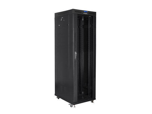 Lanberg стелажен шкаф 19" свободностоящ 42U/800x800 (плосък пакет) със стъклена врата LCD черен v2