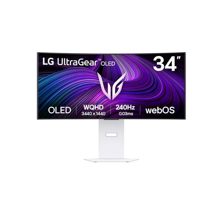 LG 34GX90SA-W, 34", OLED UltraGear 21:9 Curved Smart, IPS 0.03 ms, WQHD (3440x1440), 240Hz, HDR 10, 1500000:1, 250 cd/m2, DCI-P3 98.5%, USB 3.0, VRR, Free-sync, G-Sync, USB-C, PD 65W, HDMI, DP, PBP, високоговорители, превключвател LG, височина, завъртане,