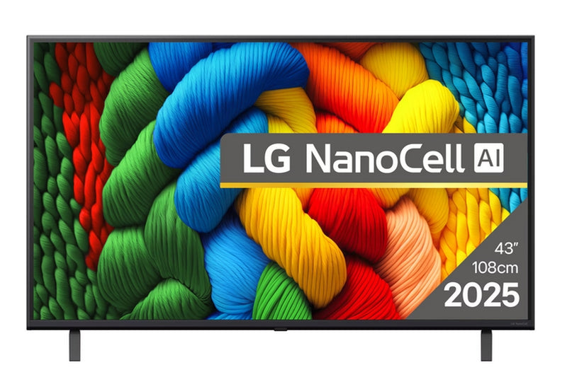 LG 43NANO80A3B, 43" 4K HDR Smart Nano Cell TV, 3840x2160, DVB-T2/C/S2, AI Alpha 7, HDR 10 PRO, webOS 25, ThinQ AI, VRR, ALLM, HGiG, WiFi, Clear Voice, AI Upscaling, Bluetooth, Hdmi e-ARC, CI, LAN, AirPlay2, Chromecast, 2-полюсна стойка, черен