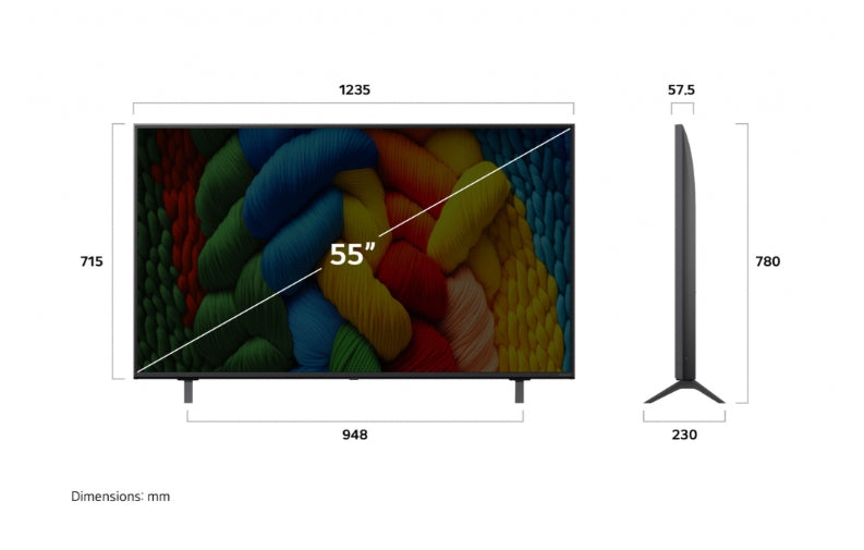 LG 55NANO80A3B, 55" 4K HDR Smart Nano Cell TV, 3840x2160, DVB-T2/C/S2, AI Alpha 7, HDR 10 PRO, webOS 25, ThinQ AI, VRR, ALLM, HGiG, WiFi, Clear Voice, AI Upscaling, Bluetooth, Hdmi e-ARC, CI, LAN, AirPlay2, Chromecast, 2-полюсна стойка, черен