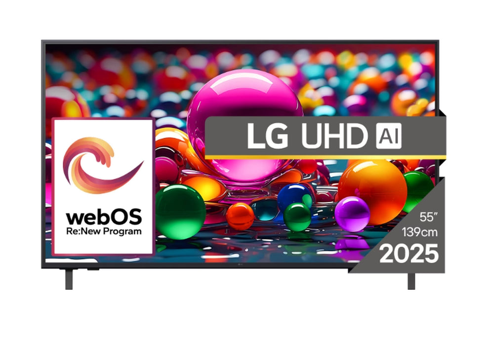 LG 55UA74003LB, 55" 4K UltraHD TV 4K (3840x2160), DVB-T2/C/S2, webOS 25 Smart, ThinQ AI, Alpha 7 AI процесор, WiFi, HDR10 pro, HLG, ALLM/HGiG, 4K Upscaling, AI Sound pro, Multiple View, HDMI eARC, LAN, USB, Bluetooth, Google Cast, 2-полюсна стойка, сребри