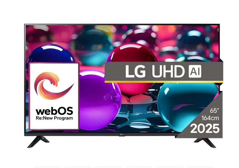 LG 65UA73003LA, 65" 4K UltraHD TV 4K (3840x2160), DVB-T2/C/S2, webOS 25 Smart, ThinQ AI, Alpha 7 AI процесор, WiFi, HDR10 pro, HLG, ALLM/HGiG, 4K Upscaling, AI Sound pro, Multiple View, HDMI eARC, LAN, USB, Bluetooth, Google Cast, 2-полюсна стойка, черен