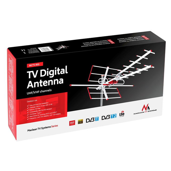 Maclean MCTV-855 наземна телевизия DVB-T/T2 H.265 HEVC антена комбинирана UHF VHF пасивна макс. 100dBμV филтър Lte