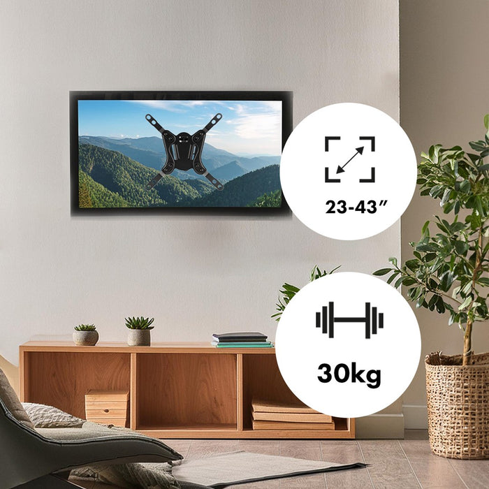 Maclean MC-418 Телевизионен монитор Full Motion Стойка за стена 23"-43" 30 кг макс. VESA 200x200 Черен Накланящ се Въртящ се регулируем държач на разстоянието до стената Скоба Здраво прахово покритие