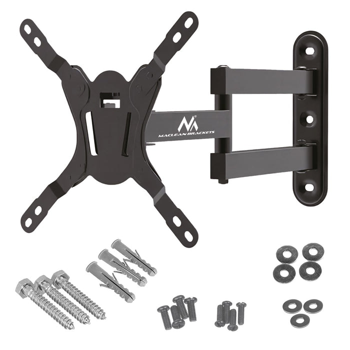 Maclean MC-418 Телевизионен монитор Full Motion Стойка за стена 23"-43" 30 кг макс. VESA 200x200 Черен Накланящ се Въртящ се регулируем държач на разстоянието до стената Скоба Здраво прахово покритие