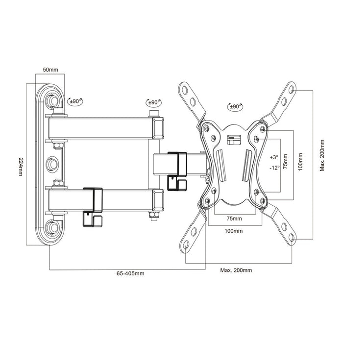Maclean MC-418 Телевизионен монитор Full Motion Стойка за стена 23"-43" 30 кг макс. VESA 200x200 Черен Накланящ се Въртящ се регулируем държач на разстоянието до стената Скоба Здраво прахово покритие
