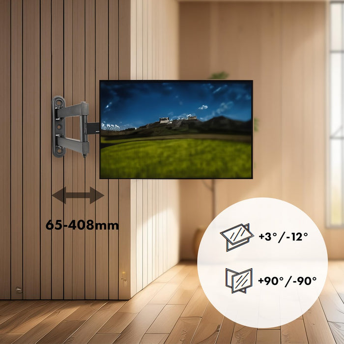 Maclean MC-418 Телевизионен монитор Full Motion Стойка за стена 23"-43" 30 кг макс. VESA 200x200 Черен Накланящ се Въртящ се регулируем държач на разстоянието до стената Скоба Здраво прахово покритие