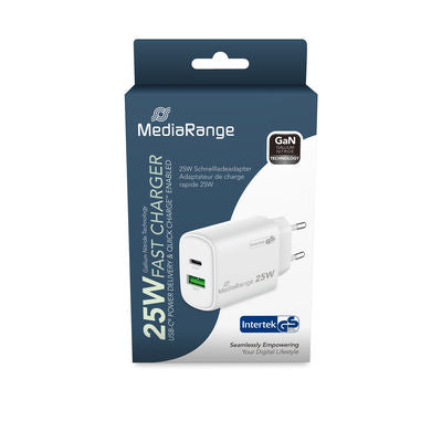 MediaRange Адаптер за бързо зареждане 25W GaN 1x USB-C и 1x USB-A, White