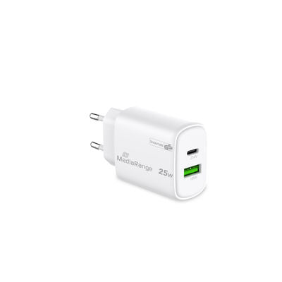 MediaRange Адаптер за бързо зареждане 25W GaN 1x USB-C и 1x USB-A, White