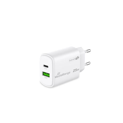 MediaRange Адаптер за бързо зареждане 25W GaN 1x USB-C и 1x USB-A, White