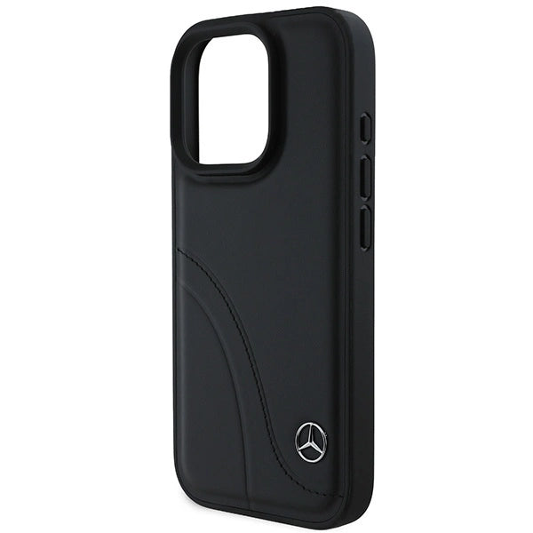 Кожен калъф Mercedes MB Curved Stitches за iPhone 16 Pro - черен