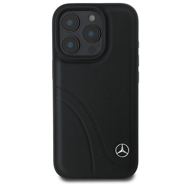 Кожен калъф Mercedes MB Curved Stitches за iPhone 16 Pro - черен